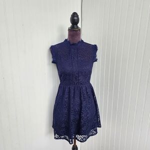 XTRAORDINARY Sleeveless Navy Blue Lace Fit & Flare Party Dress Mock Neck XS